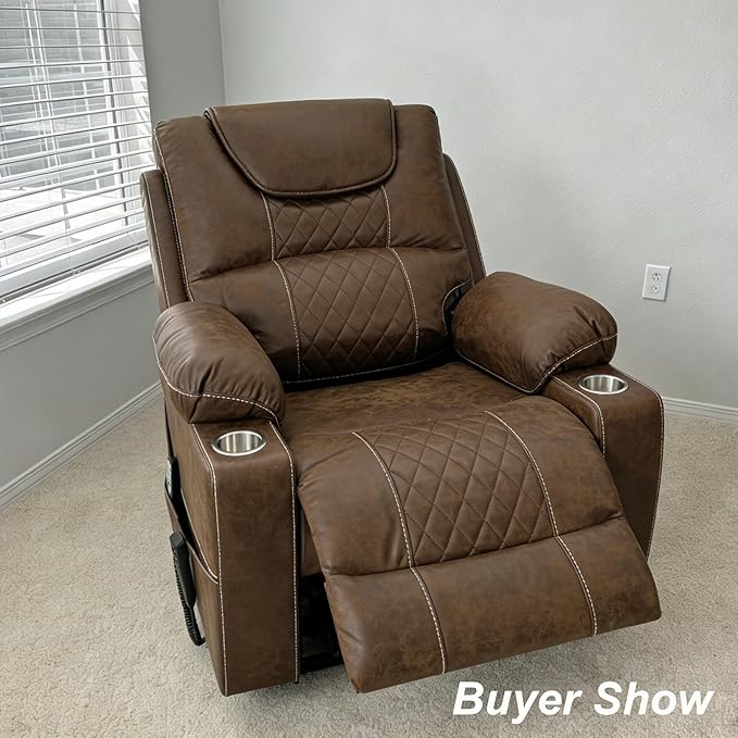 Oversized Power Lift Recliner Chair for Big and Tall 400 LBS Dual Motor Electric Recliner with Heat &amp Massage Zero Gravity Leather Sofa Chair for Living Room Home Theater Coffee Brown