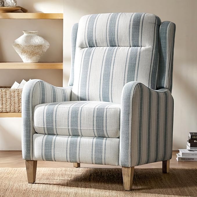 HULALA HOME Pushback Recliner Chair with Solid Wood Legs Fabric Striped Comfy Upholstered Seating with Footrest Armchair for Living Room/Reading Blue