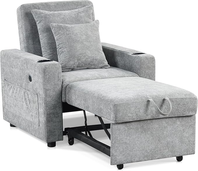 MCombo Convertible Sleeper Chair Bed 3-in-1 Folding Sofa Chair with Adjustable Backrest Pull-Out Bed with USB Port Cup Holders Linen Fabric for Small Spaces Living Room Guest Room Office VN6001