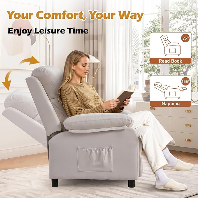 Recliner Chair Living Room Chairs for Adults Padded Deep Seat Reading Chair with Side Pockets Small Recliners for Small Spaces Lounge Chair for Living Room Bedroom and RV (Linen)