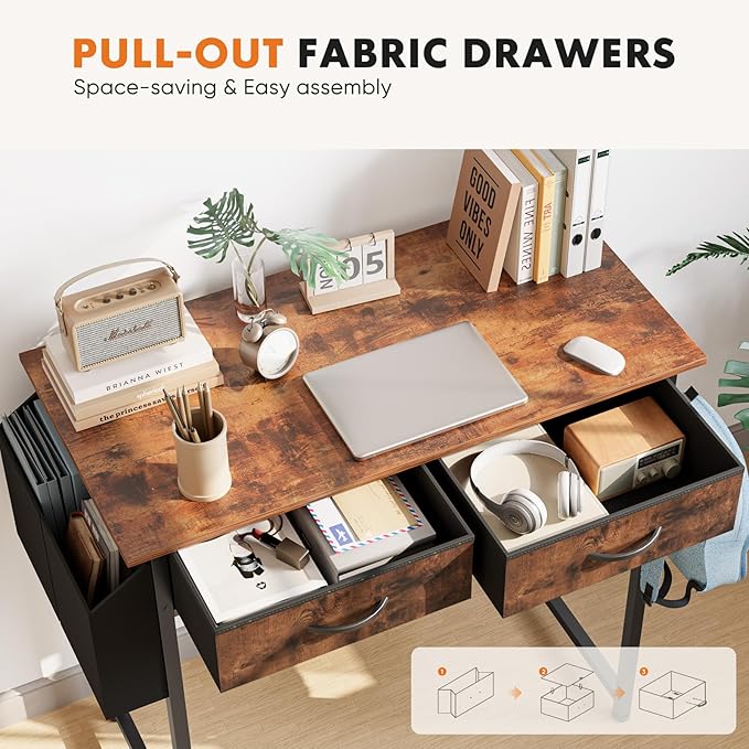 Sweetcrispy Computer Desk Small 32 Inch Home Office Bedroom Writing Study PC Table with Fabric Storage Drawers Space Side Bag Headphone Hook Adjustable Feet Modern Simple Style Rustic Brown
