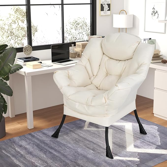 GORELAX Modern Lazy ChairUpholstered Lounge Accent Chair Single Leisure Sofa Chair with Armrests &amp Side Pocket Comfy Reading Chair for Bedroom Living Room Dorm Room (Beige)