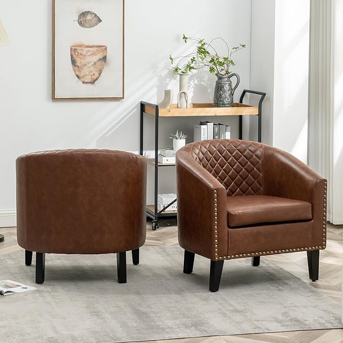KINWELL 29 W Faux Leather Barrel Chairs Set of 2 Modern PU Upholstered Tufted Club Chairs with Nailhead Trim Small Armchairs Accent Chairs for Living Room Bedroom Apartment Lounge Nursery Brown