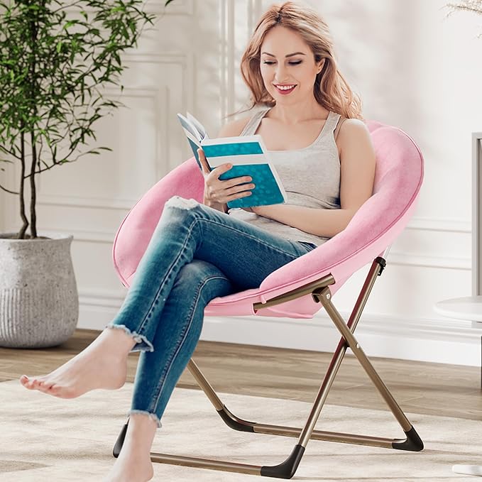 IDEALHOUSE Comfy Folding Padded Saucer Chair Folding Circle Chair with Metal Frame Soft Moon Chair for Bedroom Dorm Rooms Apartments Lounging Garden and Courtyard Pink