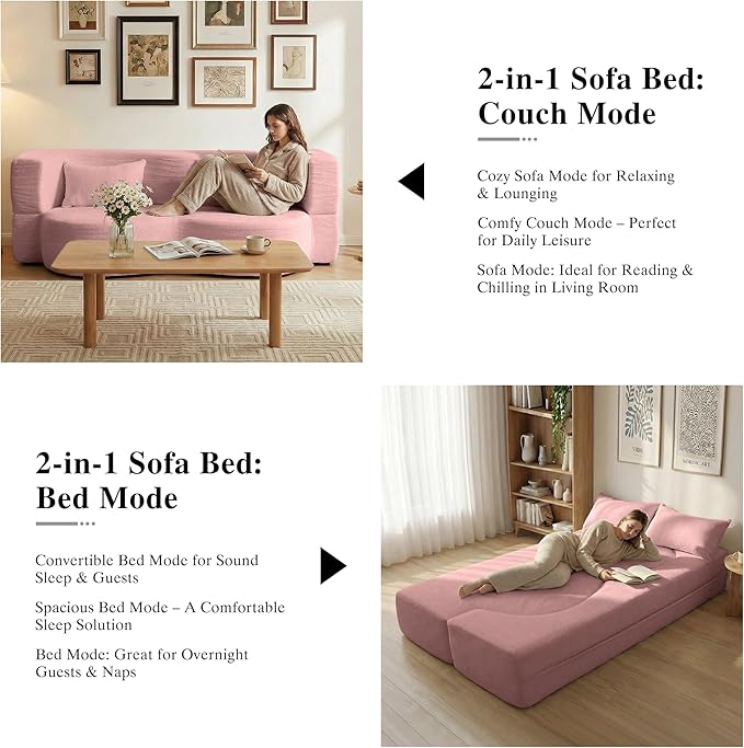 2-in-1 Folding Convertible Sofa Bed - 78 Inch Boneless Teddy Loveseat Sleeper Foldable Floor Futon Couch with Pillow Pull-Out Modular Matress for Small Spaces (Living Room/Bedroom/Dorm) (Pink)