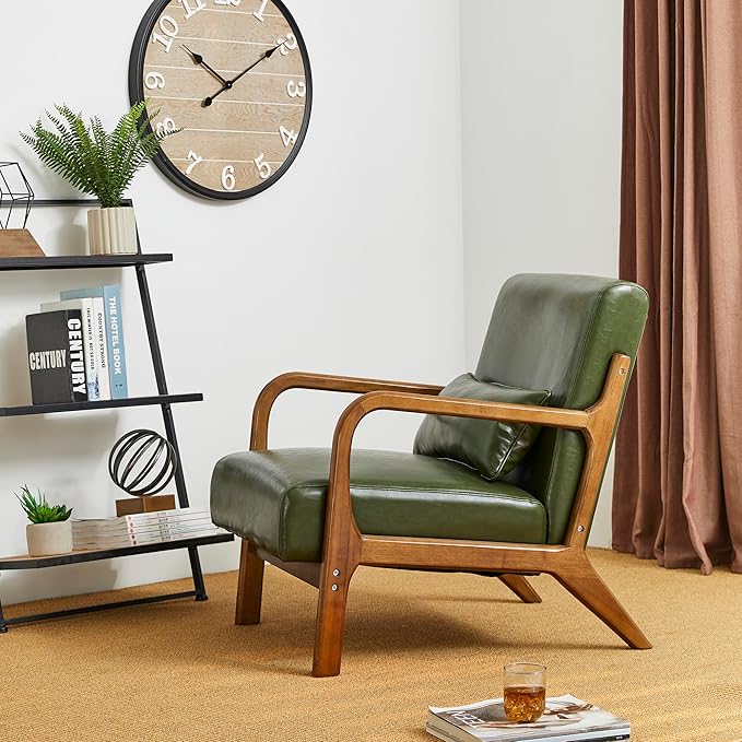 Glitzhome 2 Set Mid Century Hunter Green Accent Armchair Single Reading Armchair PU Leather Lounge Chair with Walnut Ruberwood Frame