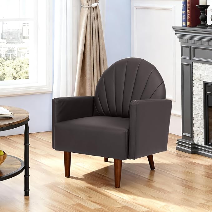 Leather Accent Chair Mid Century Modern PU Leather High Back Armchair for Living Room Chairs with Solid Wood Legs for Small Spaces Bedroom Office (Black 29.53 D x 29.53 W x 34.65 H)