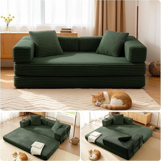 81'' Futon Sofa Bed Folding Floor Couch Bed Corduroy Fabric Boneless Couch Compressed Boneless Sofa in a Box Comfy Sleeper for Living Room-Green