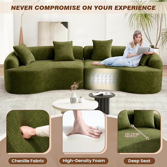 110 Curved Sectional Sofa for Living Room Modern Oversized Plush Chenille Cloud Round Deep Seat Compressed Boneless Couch with 4 Throw Pillows for Apartment No Assembly Needed Green