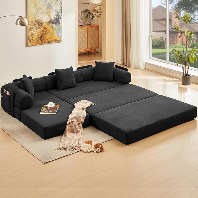 L Shaped Convertible Modular Sofa Bed with Cylindrical Pillow &amp Reversible Chaise Corduroy Folding Floor Sofa Couch Bed with Fixed-Shape Frame &amp Storage Pocket for Living Room Black