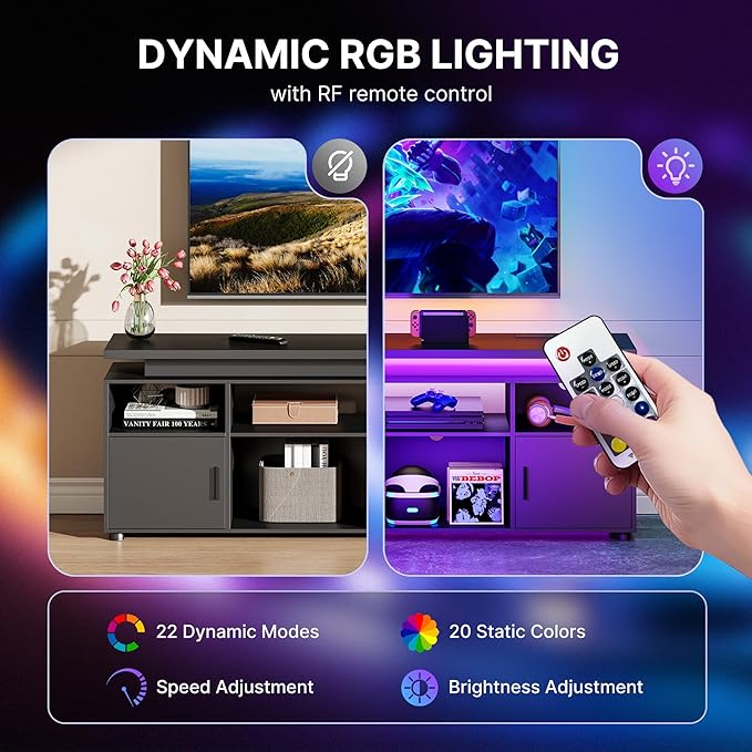 SUNCOZE TV Stand Entertainment Center with LED Lights and Cabinet for 70/75/80 Inch TV Modern TV Console Gaming Media Television Stands with Power Outlets for PS5 in Living Room and Bedroom Black