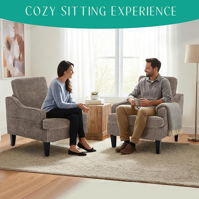 Modern Accent Chairs Set of 2 Upholstered Reading Chair for Bedroom with Side Pockets Comfy Living Room Chairs Living Room Armchair for Office Apartment (Brown Chenille)