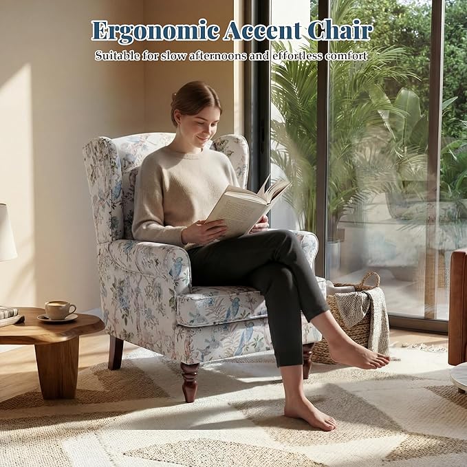 EROMMY Floral Accent Chair Comfortable High Back Upholstered Armchair with Solid Wood Legs Leisure Single Sofa Chair for Living Room Bedroom Home Office Light Blue Floral&ampBird