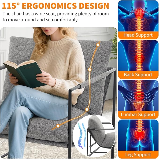 Sling Accent Chair for Living Room Modern Metal Framed Cozy Armchair Upholstered Living Room Chairs with Shredded Foam Cushioning Lounge Chair for Bedroom Living Room Reading Room Grey