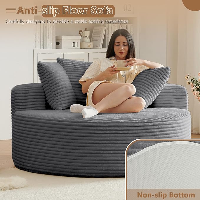 Oversized Round Chair Lounge Chaise Indoor Upholstered Corduroy Deep Seat Cloud Large Circle Sofa Chair No Assembly Required Fluffy Modern Sleeper Sofa Bed for Reading Living Room Dark Gray