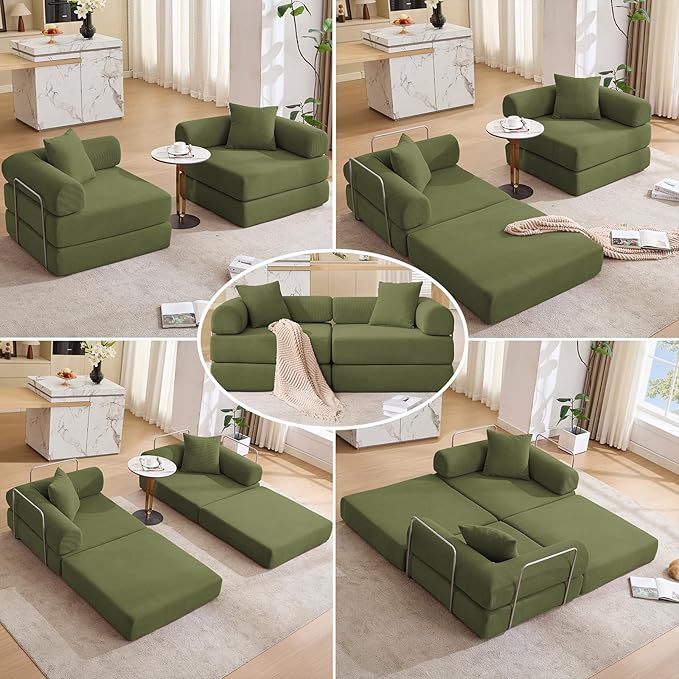 73 Convertible Modular Folding Sofa Bed 5-in-1 DIY Combination Fold Out Sleeper Sofa Bed Loveseat sleeper Couch with Removable Armrests Corduroy Floor Couch Small couches for small spaces Green