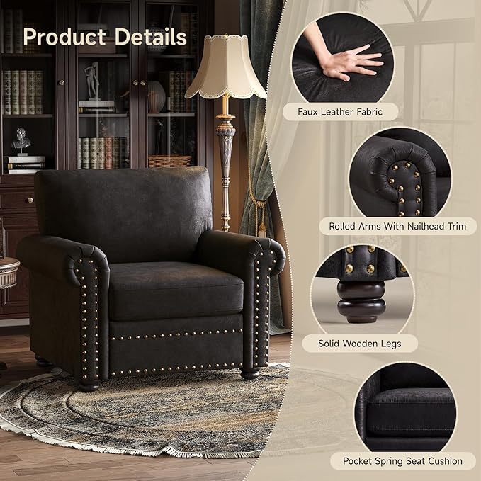 ONBRILL Nailhead Trim Accent Chair Faux Leather Club Chair for Living Room Comfy Armchair with Springs Cushions &amp Solid Wood Legs Traditional Rolled Arms Single Sofa for Bedroom Apartment Bla