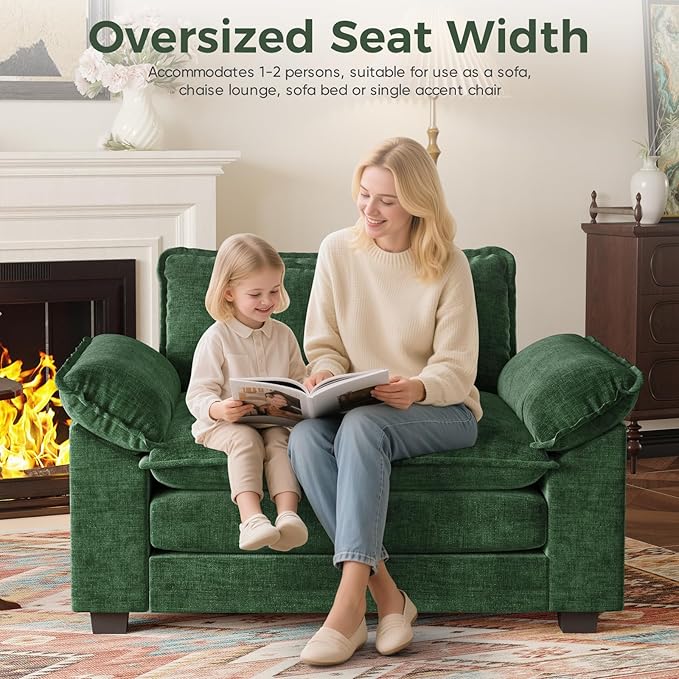 HUSFU 49.5'' W Oversized Accent Chair Chenille Cloud Sofa Chair with Deep Seat and Extra Wide Armrests Comfy Reading Armchair for Bedroom Living Room Set of 2 Green
