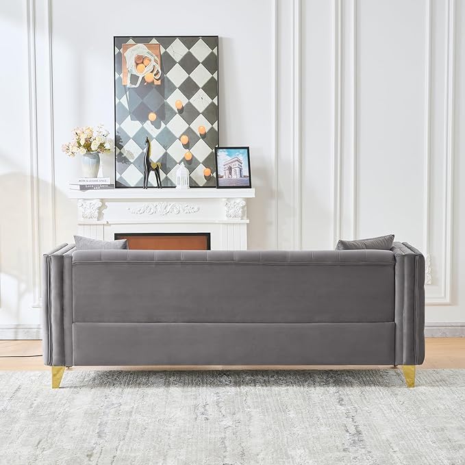 2 Piece Chesterfield Sofa Comfy Velvet Button Tufted Mid Century Modern Couch Set White Cloud Futon Loveseat Gold Legs &amp Nailhead Deep Seat Sofas for Living Room Office (Grey 3 Seater Set of 2