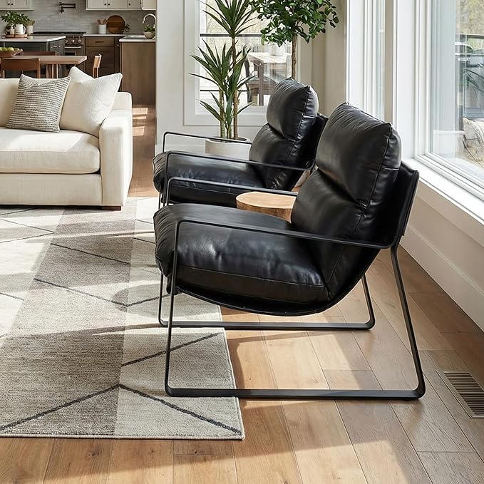 DUOMAY Mid-Century Accent Chair Armchair Set of 2 Comfy PU Leather Leisure Chair Lazy Chair with Metal Leg for Living Room Bedroom Office Apartment Black