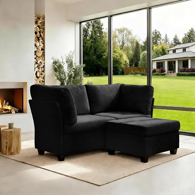 Modern Sofa Modular sectional Cloud Couch with 2 Ottomans 6-seat Chenille deep-seat with Storage and 6 Pillows for Living Rooms bedrooms and Apartments (Black 2Seater+1Ottoman)