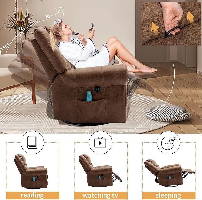 Manual Massage Recliner with Heating Function 360° Swivel Glider Rocking Recliner Chair for Living Room Ergonomic Single Sofa Chair with Remote Control/USB Ports/Side Pockets(Brown)