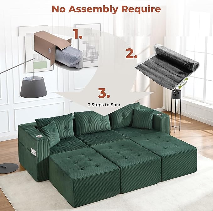 100 Modular Sectional Sofa Bed Oversized 6-Seater Boneless Tufted Cloud Sleeper Couch with Cup Holder and Movable Ottoman Corduroy Upholstery Couches for Living Room No Assembly Green