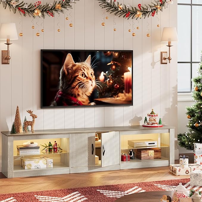 Bestier 80 Inch TV Stand for 75/77/85/86 inch TVs LED Gaming Entertainment Center for PS5 with Storage Cabinet &ampAdjustable Glass Shelves Modern TV Console Table for Living Room Bedroom Wash Whi