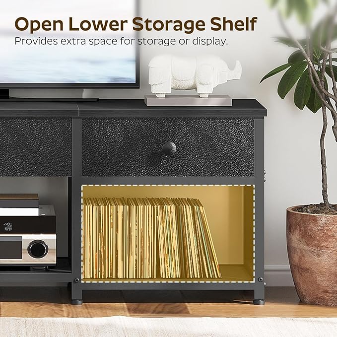 TV Stand with 3 Fabric Drawers for up to 50 Inch TV 47.2 Industrial Media Console Entertainment Center with Shelves for Living Room Bedroom Home Office Black DS12BB