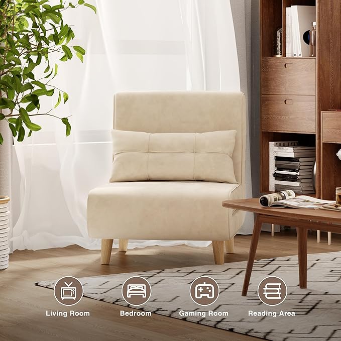 Aiho Futon Sofa Bed 3-in-1 Convertible Sleeper Chair Bed Futon Chair with 6-Level Adjustable Backrest and Pillow for Guest Room Apartment Dorm Velvet Beige