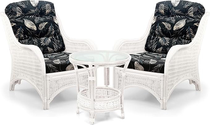 Wickerix Jam Lounge Living Accent Armchair Natural Rattan Wicker Handmade Design White Color with Black Leaf Cushion