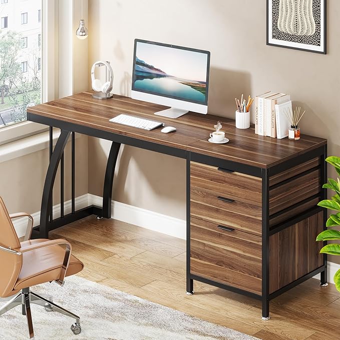 Tribesigns Computer Desk with 3 Drawers 59-Inch PC Desk with Reversible Drawers Industrial Study Writing Table Workstation with File Storage for Home Office Walnut