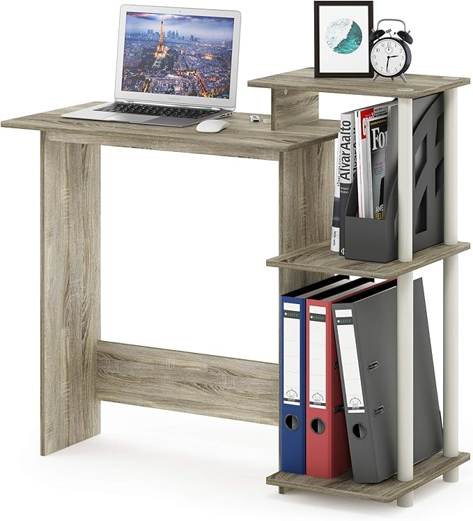 Furinno EFFICIENT Desk 28.6 Wide Gaming Desk with 3 Open Side Shelves Laptop Notebook Computer Desk Office Desk for Home Office Study Room Dorm Bedroom Sonoma Oak