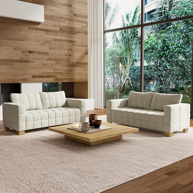 81.89 Sofa Comfy 3 Seat Sofa Tufted Chenille Upholstered Sofa Couch for Living Room with Gold Metal Legs and 2 Throw Pillows (BAIGE（3+3）)