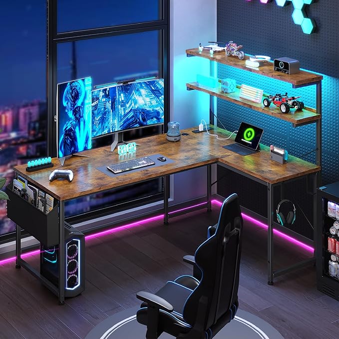 L Shaped Gaming Desk with LED Light &amp Power Outlet 53 Inch Reversible L Shaped Office Desk with Shelf &amp Storage Bag &amp Hook for Home Office Rustic Brown