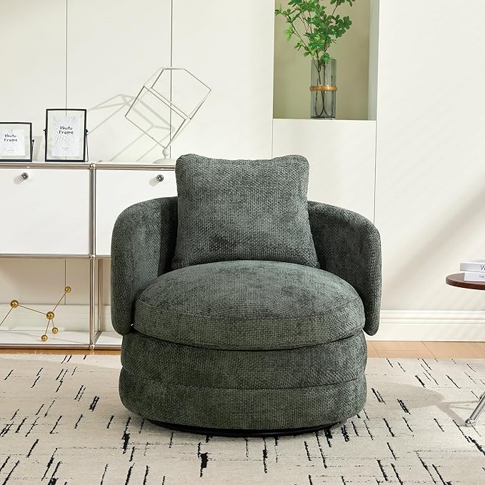 30 W Modern Round Swivel Barrel Accent Chair with Pillow Chenille Upholstered Single Club Sofa Chair for Living RoomBedroom Reading Room Balcony Lounge (Green)