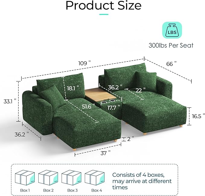 LINSY HOME Modular Sectional Cloud Couch 109 Ultra Soft Loveseat with Versatile Console and Removable Ottomans Soft Convertible Sectional Sofa Sets for Living Room Apartment Home Theater Green