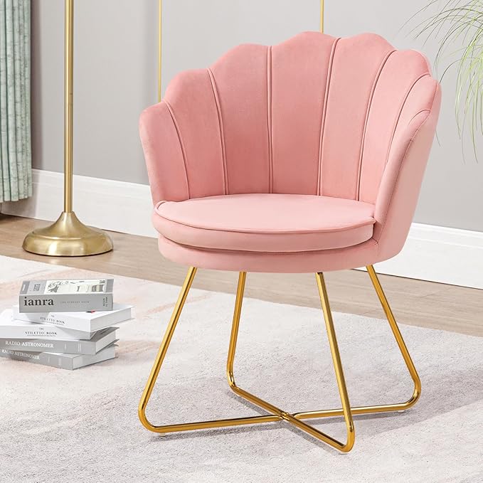 Furniliving Pink Vanity Chairs Velvet Makeup Chair for Bedroom Home Office Desk Chair with Gold Plating Legs Cute Accent Chair for Makeup Room Bedroom Living Room Guest Reception (Velvet Pink)