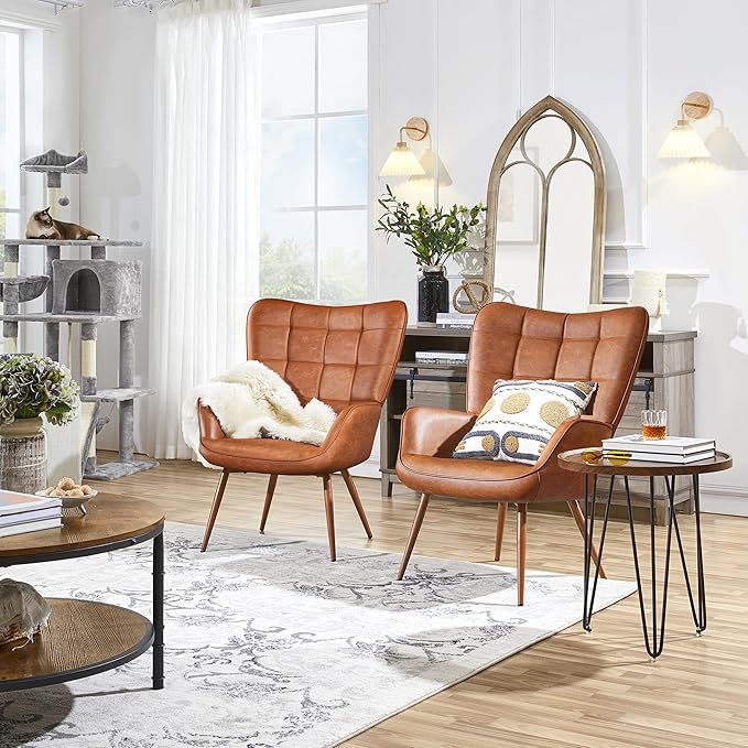 Yaheetech Accent Chairs Large PU Leather High-Back Chair w/Metal Legs Pottery Barn Style Living Room Chairs for Bedroom/Home Office Brown Set of 2