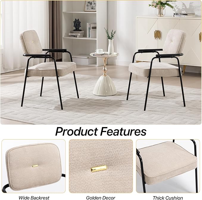 Accent Chair Dining Chair Set of 4 Chenille Upholstered Armchair Reading Side Chair Comfy Living Room Chair with Black Metal Legs for Bedroom Waiting Room Beige