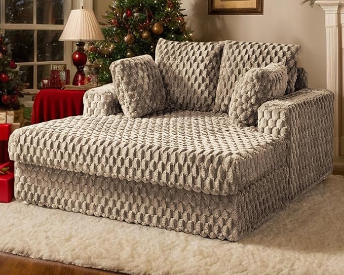 VanAcc 58 Inch Upholstered Chaise Lounge Plush Sleeper Chair with Throw Pillows and Armrests Sofa Bed Indoor for Living Room Brown