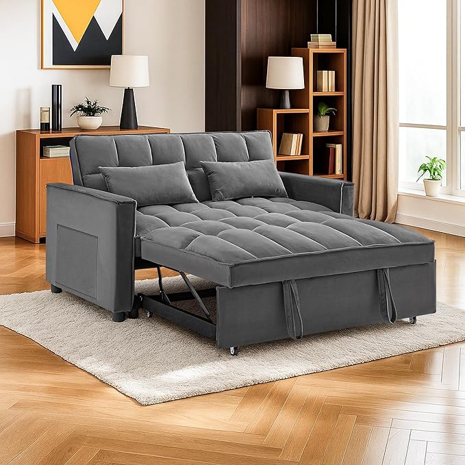 3 in 1 Convertible Sleeper Sofa BedFuton Loveseat Couch with Pull-Out Bed &amp Adjustable BackrestVelvet Fabric Sofa with Side Pocket for Small Apartment Living Room Office (Dark Grey)