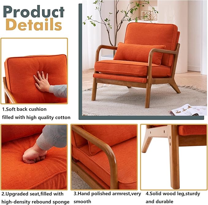 Accent Chair for Living Room Mid-Century Modern Upholstered Armchair with PillowReading Arm ChairComfy Accent Chair for Bedroom