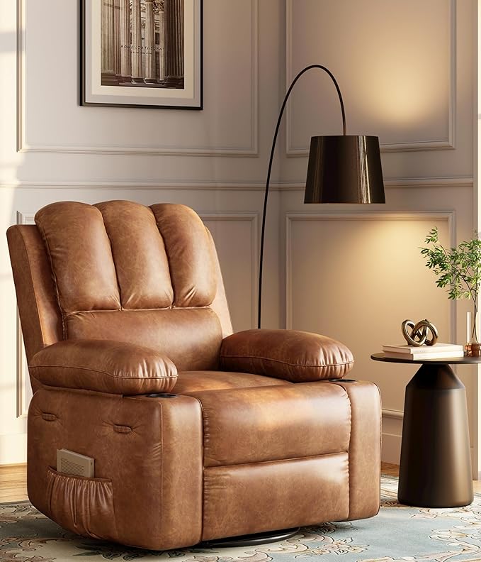 Garvee 22'' Recliner Chair for Adults Manual Recliner with Cup Holders and Side Pockets PU Leather Single Sofa with Ergonomic Design for Nursery Living Room Bedroom Vintage Leather