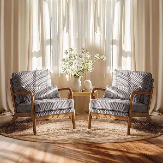 VINGLI Upgraded Premium Corduroy Accent Chairs Set of 2Upholstered Arm ChairSolid Wood Comfy Reading Chair with Lumbar Pillow Mid Century Modern Chairs for Living RoomBedroomLight Grey