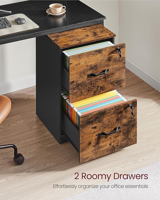 VASAGLE 2 Drawers File Cabinet with Lock Printer Stand Office Filing Cabinet Organizer for A4 and Letter Size Documents Rustic Brown and Ink Black UOFC061B01