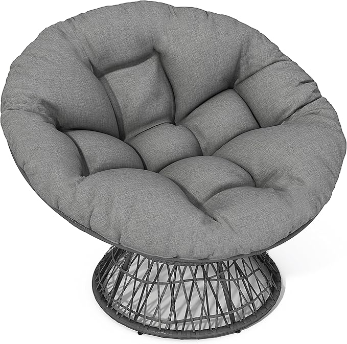 Wicker Papasan Chair with 360-Degree Swivel 41.5 Ergonomic Swivel Chair with Cloud Thick Density Fabric Cushion 3-Proof Cover High Capacity Iron Frame for Reading Living Room (Gray/62)