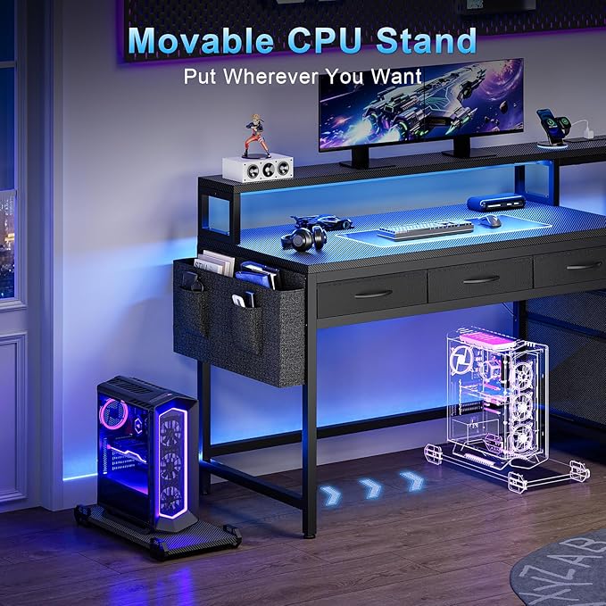 REAHOME 61 Inch Gaming Desk with Charging Station and LED Lights Reversible Computer Desk with Storage Drawer and Monitor Stand Modern Desk Table with File Cabinet &amp Side Pocket Carbon Fiber Bl