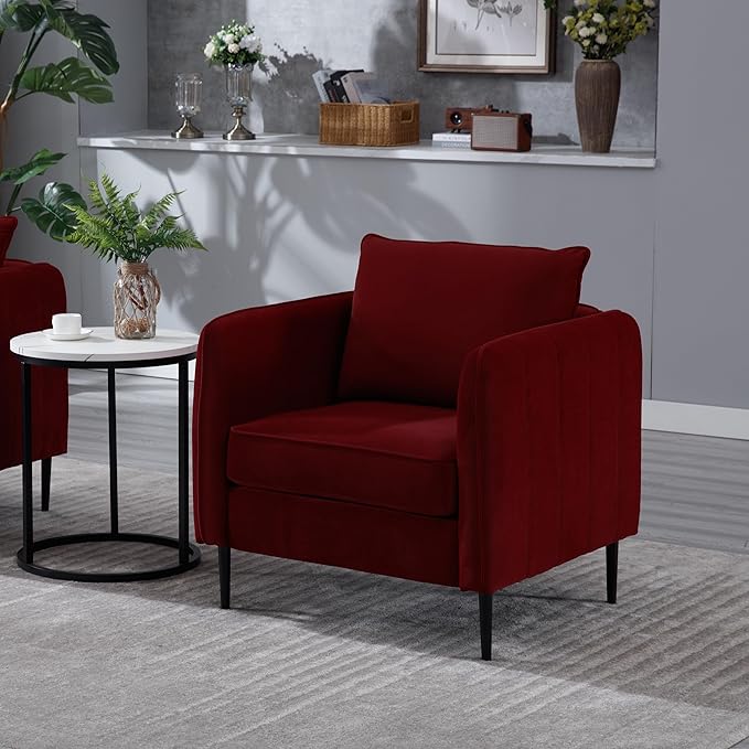 KEIKI Cloud Chair for Living Room Soft Velvet Single Seat Sofa with Bold Armrests and Metal Frame Comfy Accent Chair for Bedroom and Office Wine Red