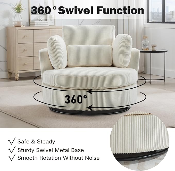 Chifee &amp Vingol 42 Oversized Swivel Accent Chair Round Barrel ChairCorduroyIvory
